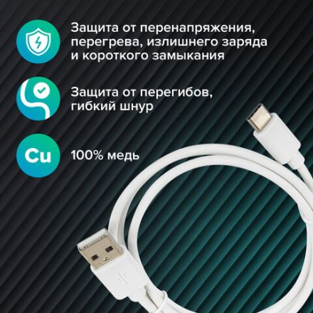Кабель USB2.0 – Type-C, 1 м, SONNEN, медь, для передачи данных и зарядки, белый, 513558 Кабель USB2.0 – Type-C, 1 м, SONNEN, медь, для передачи данных и зарядки, белый, 513558