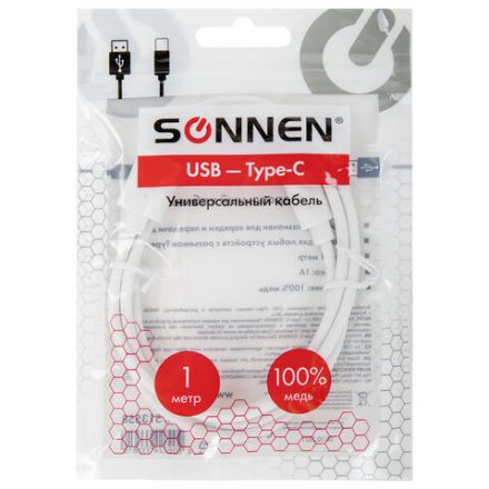 Кабель USB2.0 – Type-C, 1 м, SONNEN, медь, для передачи данных и зарядки, белый, 513558 Кабель USB2.0 – Type-C, 1 м, SONNEN, медь, для передачи данных и зарядки, белый, 513558