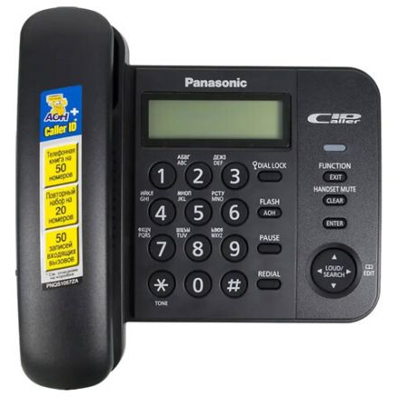 Телефон PANASONIC KX-TS2356RUB, черный, память 50 номеров, АОН, ЖК-дисплей с часами, тональный / импульсный режим