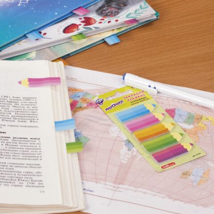 Закладки клейкие ЮНЛАНДИЯ бумажные "Фигурные карандаши", 45х15 мм, 5 штук х 25 листов, ассорти, 111359 Закладки клейкие ЮНЛАНДИЯ бумажные "Фигурные карандаши", 45х15 мм, 5 штук х 25 листов, ассорти, 111359