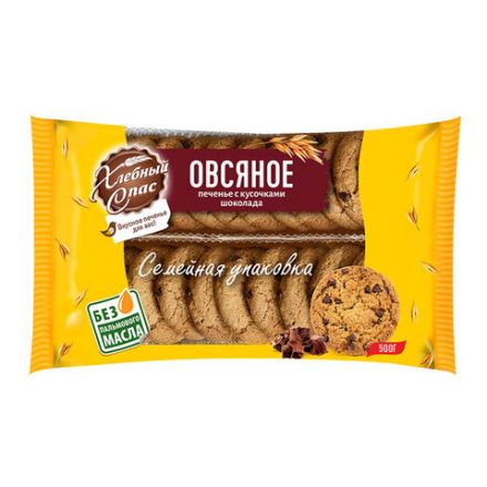 Печенье овсяное ХЛЕБНЫЙ СПАС с добавлением кусочков шоколада, 500 г, 00-2228359