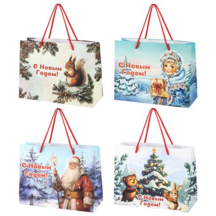 Пакет подарочный (1 шт.) новогодний, 27x11x20 см, "Ретро Новый Год", ламинация, ассорти, ЗОЛОТАЯ СКАЗКА, 592440