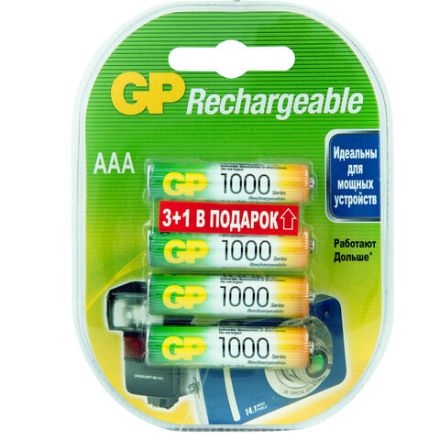 Батарейки аккумуляторные GP, AAA (HR03), Ni-Mh, 930 mAh, 4 шт. (ПРОМО 3+1), блистер, 100AAAHC3/1 Батарейки аккумуляторные GP, AAA (HR03), Ni-Mh, 930 mAh, 4 шт. (ПРОМО 3+1), блистер, 100AAAHC3/1