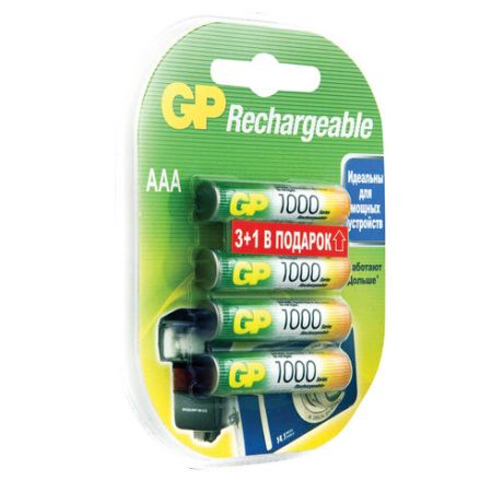 Батарейки аккумуляторные GP, AAA (HR03), Ni-Mh, 930 mAh, 4 шт. (ПРОМО 3+1), блистер, 100AAAHC3/1 Батарейки аккумуляторные GP, AAA (HR03), Ni-Mh, 930 mAh, 4 шт. (ПРОМО 3+1), блистер, 100AAAHC3/1
