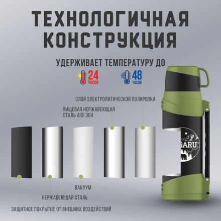 Термос классический, нержавеющая сталь, 2 л, черно-оливковый, 2 кружки, ручка + ремешок, TAIGARU (ТАЙГАРУ), 608816