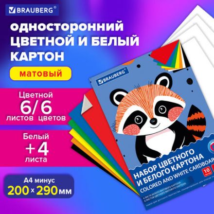 Набор картона БЕЛЫЙ + ЦВЕТНОЙ А4 немелованный, 10 листов (белый 4 листа + цветной 6 листов), в папке, BRAUBERG, 116631