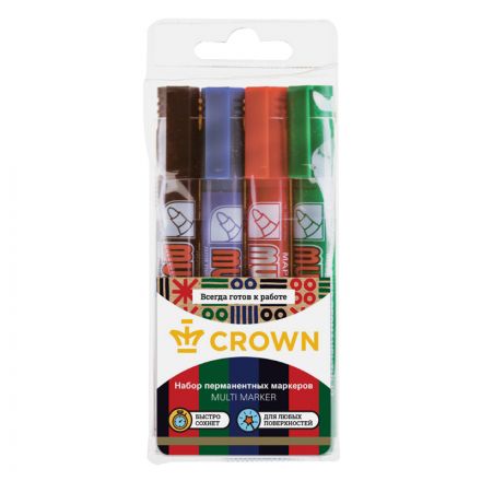 Набор перманентных маркеров Crown "Multi Marker" 04цв., пулевидный, 3,0мм, чехол с европодвесом Набор перманентных маркеров Crown "Multi Marker" 04цв., пулевидный, 3,0мм, чехол с европодвесом