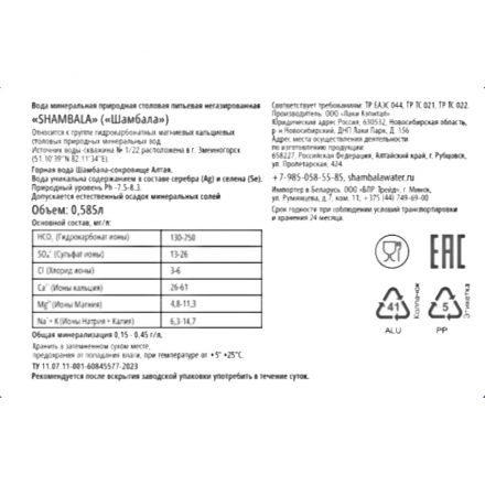 Вода минеральная Шамбала Горная природная негаз стекло 0,585л Вода минеральная Шамбала Горная природная негаз стекло 0,585л
