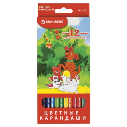 Карандаши цветные BRAUBERG "My lovely dogs", 12 цветов, шестигранные, грифель 3 мм, натуральное дерево, 180531 Карандаши цветные BRAUBERG "My lovely dogs", 12 цветов, шестигранные, грифель 3 мм, натуральное дерево, 180531