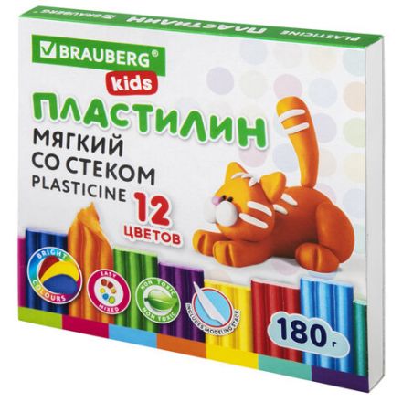 Пластилин мягкий восковой BRAUBERG KIDS, 12 цветов, 180 г, со стеком, 106495 Пластилин мягкий восковой BRAUBERG KIDS, 12 цветов, 180 г, со стеком, 106495