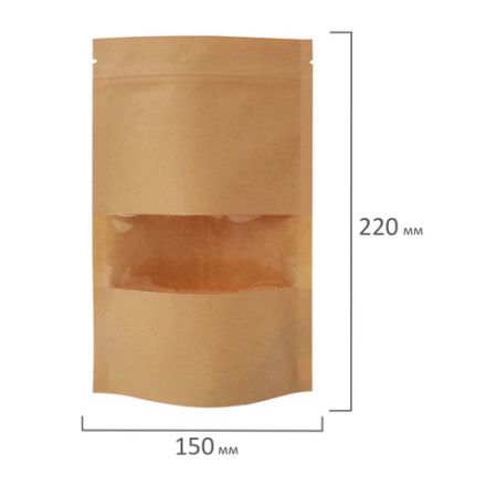Пакеты дой-пак с замком ZIP LOCK, крафт с окном 50 мм, 150х220 + 40 мм, КОМПЛЕКТ 100 штук, 150 мкм, BRAUBERG, 700691 Пакеты дой-пак с замком ZIP LOCK, крафт с окном 50 мм, 150х220 + 40 мм, КОМПЛЕКТ 100 штук, 150 мкм, BRAUBERG, 700691
