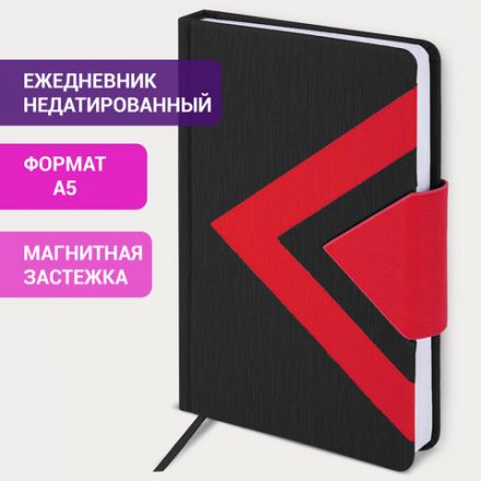 Ежедневник недатированный А5 138x213 мм BRAUBERG "Waves" под кожу, застежка 160 л., черный/красный, 111876