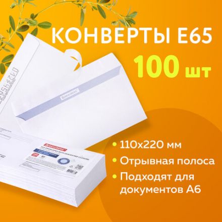Конверты Е65 (110х220 мм), отрывная лента, Куда-Кому, внутренняя запечатка, КОМПЛЕКТ 100 шт., BRAUBERG, 112195 Конверты Е65 (110х220 мм), отрывная лента, Куда-Кому, внутренняя запечатка, КОМПЛЕКТ 100 шт., BRAUBERG, 112195