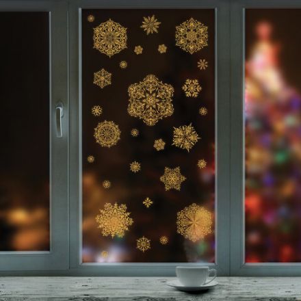 Наклейка для окон двусторонняя МНОГОРАЗОВАЯ 30х38 см "Снежинки" глиттер, золото ЗОЛОТАЯ СКАЗКА, 591190 Наклейка для окон двусторонняя МНОГОРАЗОВАЯ 30х38 см "Снежинки" глиттер, золото ЗОЛОТАЯ СКАЗКА, 591190