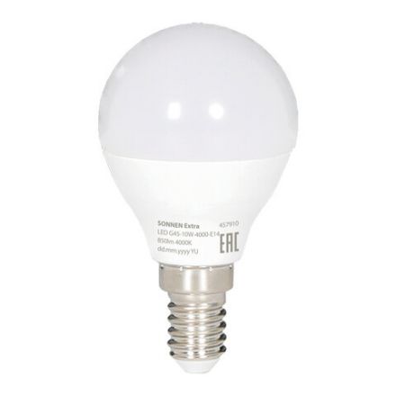 Лампа светодиодная SONNEN EXTRA,10 (85) Вт, E14, шар, нейтральный белый, 30000 ч, LED G45-10W-4000-Е14, 457910