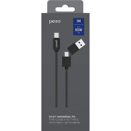 Кабель USB PERO DC-07 UNIVERSAL 2 in 1, USB-A + PD  to Type-C, 1m, Black