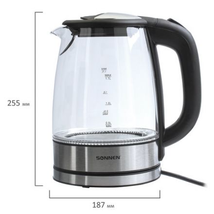 Чайник SONNEN KT-1788, 1,7 л, 2200 Вт, закрытый нагревательный элемент, стекло, черный, подсветка, 454349 Чайник SONNEN KT-1788, 1,7 л, 2200 Вт, закрытый нагревательный элемент, стекло, черный, подсветка, 454349