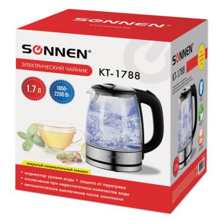 Чайник SONNEN KT-1788, 1,7 л, 2200 Вт, закрытый нагревательный элемент, стекло, черный, подсветка, 454349 Чайник SONNEN KT-1788, 1,7 л, 2200 Вт, закрытый нагревательный элемент, стекло, черный, подсветка, 454349