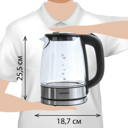 Чайник SONNEN KT-1788, 1,7 л, 2200 Вт, закрытый нагревательный элемент, стекло, черный, подсветка, 454349 Чайник SONNEN KT-1788, 1,7 л, 2200 Вт, закрытый нагревательный элемент, стекло, черный, подсветка, 454349