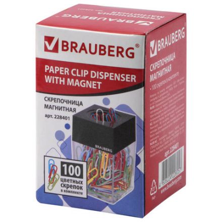 Скрепочница магнитная BRAUBERG со 100 цветными скрепками 28 мм, прозрачный корпус, 228401 Скрепочница магнитная BRAUBERG со 100 цветными скрепками 28 мм, прозрачный корпус, 228401