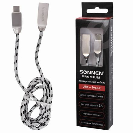 Кабель USB 2.0 – Type-C, 1 м, SONNEN Premium, медь, передача данных и быстрая зарядка, 513127 Кабель USB 2.0 – Type-C, 1 м, SONNEN Premium, медь, передача данных и быстрая зарядка, 513127