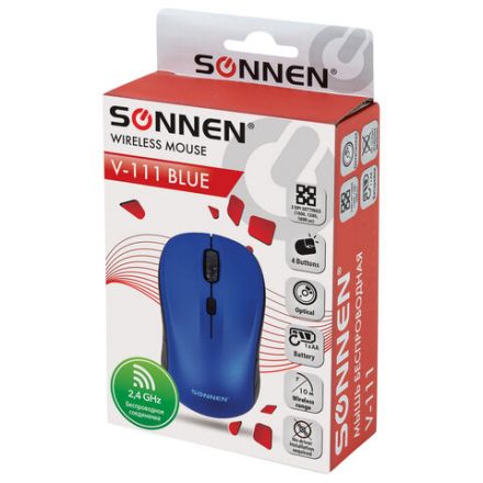 Мышь беспроводная SONNEN V-111, USB, 800/1200/1600 dpi, 4 кнопки, оптическая, синяя, 513519 Мышь беспроводная SONNEN V-111, USB, 800/1200/1600 dpi, 4 кнопки, оптическая, синяя, 513519
