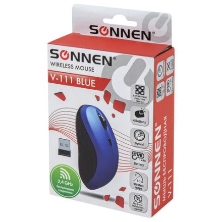 Мышь беспроводная SONNEN V-111, USB, 800/1200/1600 dpi, 4 кнопки, оптическая, синяя, 513519 Мышь беспроводная SONNEN V-111, USB, 800/1200/1600 dpi, 4 кнопки, оптическая, синяя, 513519