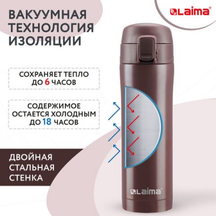 Термокружка 470 мл из нержавеющей стали SUS304, имперский коричневый матовый, LAIMA, 608082