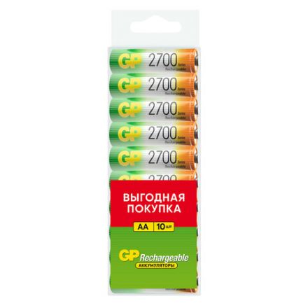 Батарейки аккумуляторные GP, АА (HR6), Ni-Mh, 2650 mAh, 10 шт, пластиковый бокс, 270AAHC-CRB10 Батарейки аккумуляторные GP, АА (HR6), Ni-Mh, 2650 mAh, 10 шт, пластиковый бокс, 270AAHC-CRB10