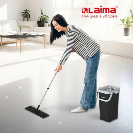 Швабра с отжимом и ведром 10л/7л двухкамерное, 2 насадки микрофибра, карманы с 2-х сторон, рукоятка 134-154см черный AltaMop L, LAIMA,609151