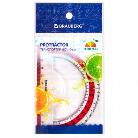 Транспортир 10 см BRAUBERG "FRESH ZONE", 180 градусов, пластик, прозрачный, красная шкала, 210760 Транспортир 10 см BRAUBERG "FRESH ZONE", 180 градусов, пластик, прозрачный, красная шкала, 210760