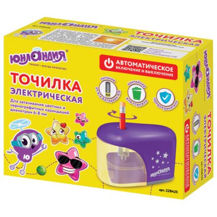 Точилка электрическая ЮНЛАНДИЯ "Stars", питание от 4 батареек АА, корпус фиолетовый, 228425 Точилка электрическая ЮНЛАНДИЯ "Stars", питание от 4 батареек АА, корпус фиолетовый, 228425