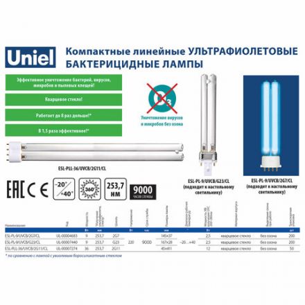 Лампа БАКТЕРИЦИДНАЯ ультрафиолетовая UNIEL ESL-PL-9/UVCB, 9 Вт, 2G7 Лампа БАКТЕРИЦИДНАЯ ультрафиолетовая UNIEL ESL-PL-9/UVCB, 9 Вт, 2G7
