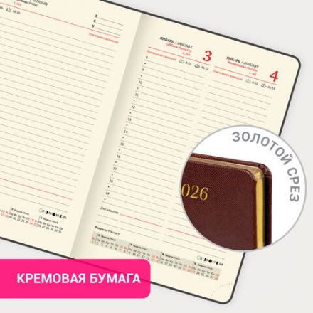 Ежедневник датированный 2026, МАЛЫЙ ФОРМАТ 100х150 мм, А6, BRAUBERG "Iguana", под кожу, коричневый, 117253