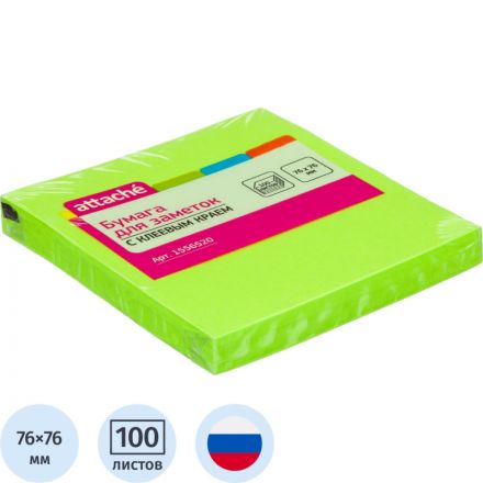 Стикеры Attache с клеев. краем 76х76, неон, зеленый 100л Стикеры Attache с клеев. краем 76х76, неон, зеленый 100л