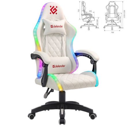 Кресло компьютерное DEFENDER "Energy", 2 подушки, RGB-подсветка, экокожа, белое, 64557