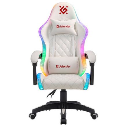 Кресло компьютерное DEFENDER "Energy", 2 подушки, RGB-подсветка, экокожа, белое, 64557