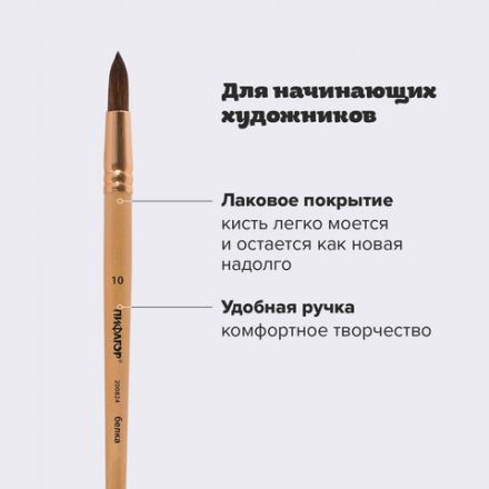 Кисть ПИФАГОР, БЕЛКА, круглая, № 10, деревянная лакированная ручка, с колпачком, пакет с подвесом, 200824