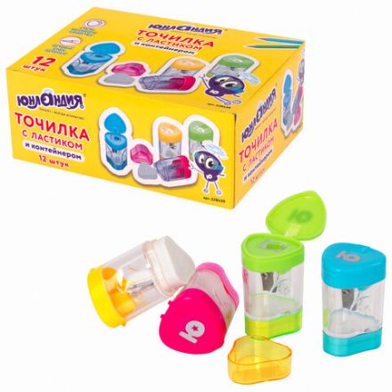 Точилка ЮНЛАНДИЯ "Трио +", со стирательной резинкой, с контейнером, пластиковая, ассорти, 228439 Точилка ЮНЛАНДИЯ "Трио +", со стирательной резинкой, с контейнером, пластиковая, ассорти, 228439