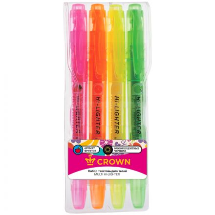 Набор текстовыделителей Crown "Multi Hi-Lighter Aroma" 04цв., 1-4мм, ароматиз., чехол с европодвесом Набор текстовыделителей Crown "Multi Hi-Lighter Aroma" 04цв., 1-4мм, ароматиз., чехол с европодвесом