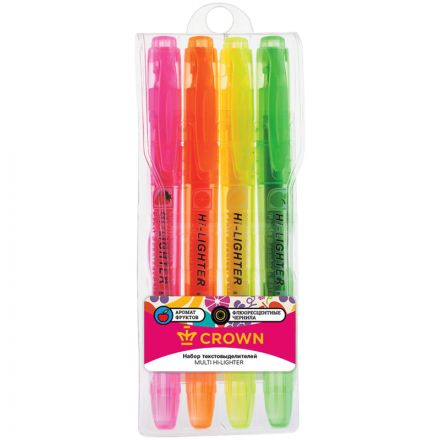 Набор текстовыделителей Crown "Multi Hi-Lighter Aroma" 04цв., 1-4мм, ароматиз., чехол с европодвесом Набор текстовыделителей Crown "Multi Hi-Lighter Aroma" 04цв., 1-4мм, ароматиз., чехол с европодвесом