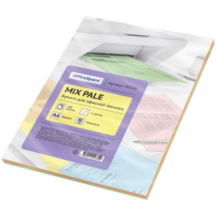 Бумага цветная OfficeSpace "Пастель микс" А4, 80г/м2, 100л. (5 цветов)