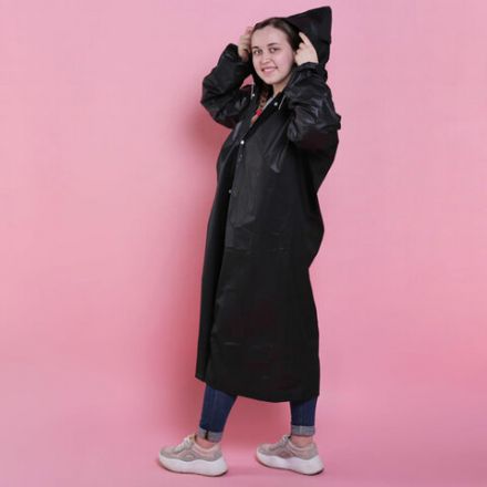 Дождевик-плащ черный на кнопках, EVA, многоразовый, прочный, универсальный размер, Komfi, 25509 Дождевик-плащ черный на кнопках, EVA, многоразовый, прочный, универсальный размер, Komfi, 25509