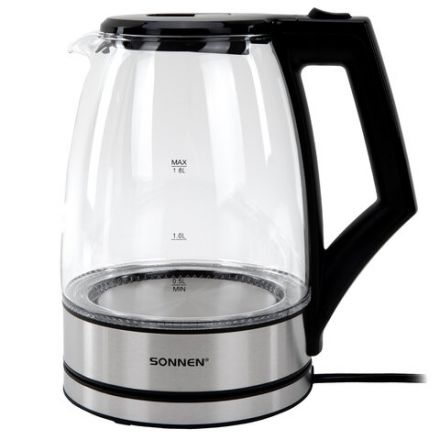 Чайник электрический SONNEN KT-1807, 1,8 л, 2200 Вт, термостойкое стекло, внутренняя подсветка синяя, нержавеющая сталь, 455140