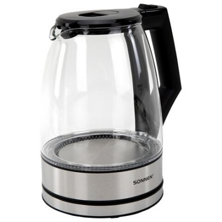 Чайник электрический SONNEN KT-1807, 1,8 л, 2200 Вт, термостойкое стекло, внутренняя подсветка синяя, нержавеющая сталь, 455140