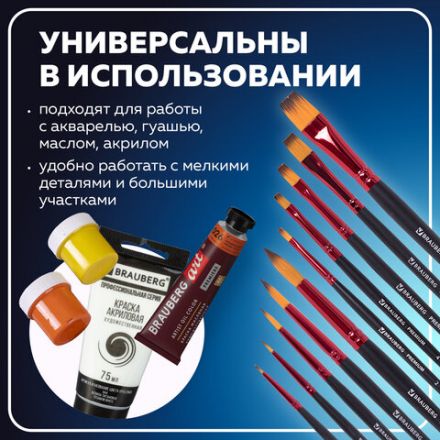 Кисти BRAUBERG PREMIUM, набор 10 шт. (синтетика, круглые № 1, 2, 3, 5, 8, плоские № 2, 4, 6, 8, 10), 201027 Кисти BRAUBERG PREMIUM, набор 10 шт. (синтетика, круглые № 1, 2, 3, 5, 8, плоские № 2, 4, 6, 8, 10), 201027