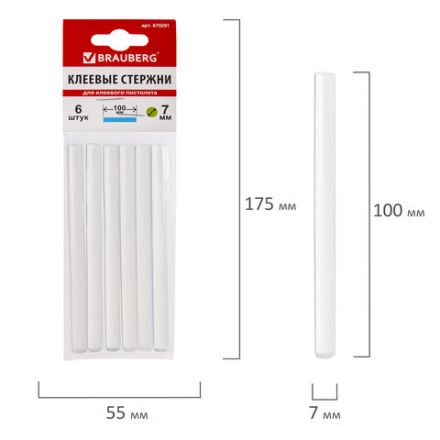 Клеевые стержни, диаметр 7 мм, длина 100 мм, прозрачные, комплект 6 шт., BRAUBERG, европодвес, 670291 Клеевые стержни, диаметр 7 мм, длина 100 мм, прозрачные, комплект 6 шт., BRAUBERG, европодвес, 670291