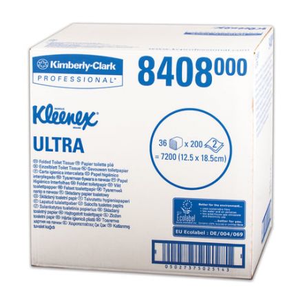 Бумага туалетная листовая KIMBERLY-CLARK Kleenex, КОМПЛЕКТ 36 шт., Ultra, 200 л., 18,6х12,5 см, 2-слойная, артикул 8408
