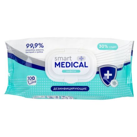 Дезинфицирующие салфетки спиртовые 100 штук SMART MEDICAL, крышка-клапан, 72029 Дезинфицирующие салфетки спиртовые 100 штук SMART MEDICAL, крышка-клапан, 72029