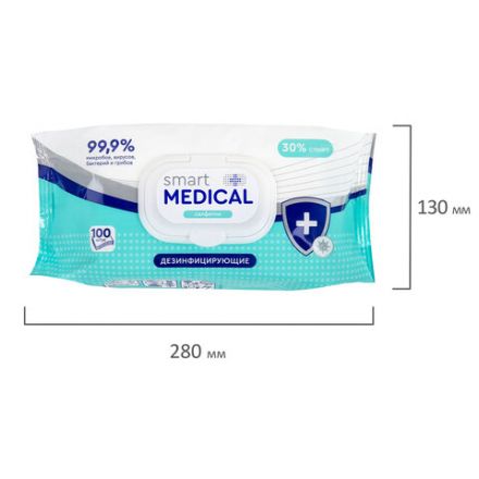 Дезинфицирующие салфетки спиртовые 100 штук SMART MEDICAL, крышка-клапан, 72029 Дезинфицирующие салфетки спиртовые 100 штук SMART MEDICAL, крышка-клапан, 72029